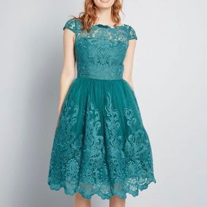MODCLOTH TEAL LACE CORSET COCKTAIL DRESS VINTAGE